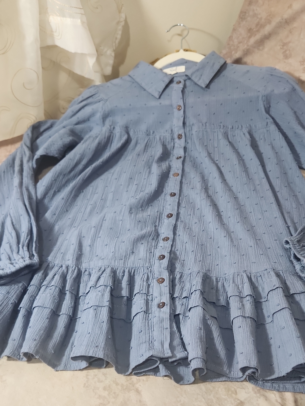 easel Blue Textured Button-Up Blouse Labeled Small Is Oversized See Measuring